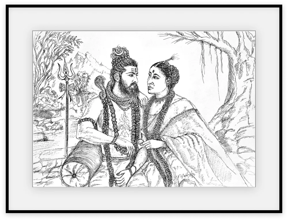 Pen and ink drawing of Shiva and Parvati seated together on Kailash, turned toward each other, with trishul and forest behind