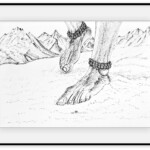 Pen and ink drawing of the feet of Lord Shiva wearing rudraksha anklets, walking through Himalayan snow