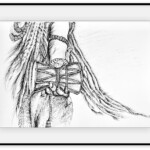Pen and ink drawing of Lord Shiva's hand holding a damru drum, surrounded by matted jata locks