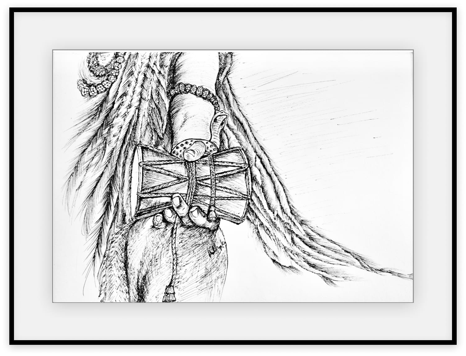 Pen and ink drawing of Lord Shiva's hand holding a damru drum, surrounded by matted jata locks