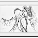 Pen and ink drawing of Lord Shiva's hand counting a rudraksha mala, with jata and Himalayan peaks behind