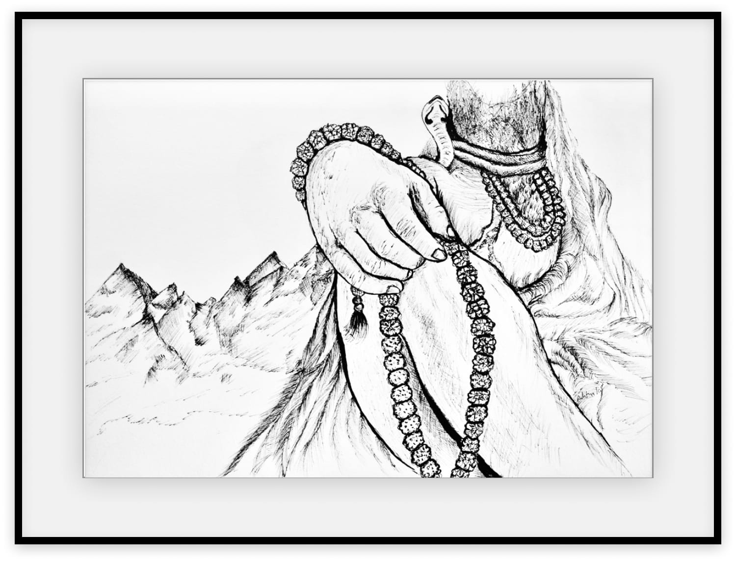 Pen and ink drawing of Lord Shiva's hand counting a rudraksha mala, with jata and Himalayan peaks behind