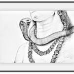 Pen and ink drawing of a cobra coiled around Lord Shiva's throat, with three rudraksha strands below