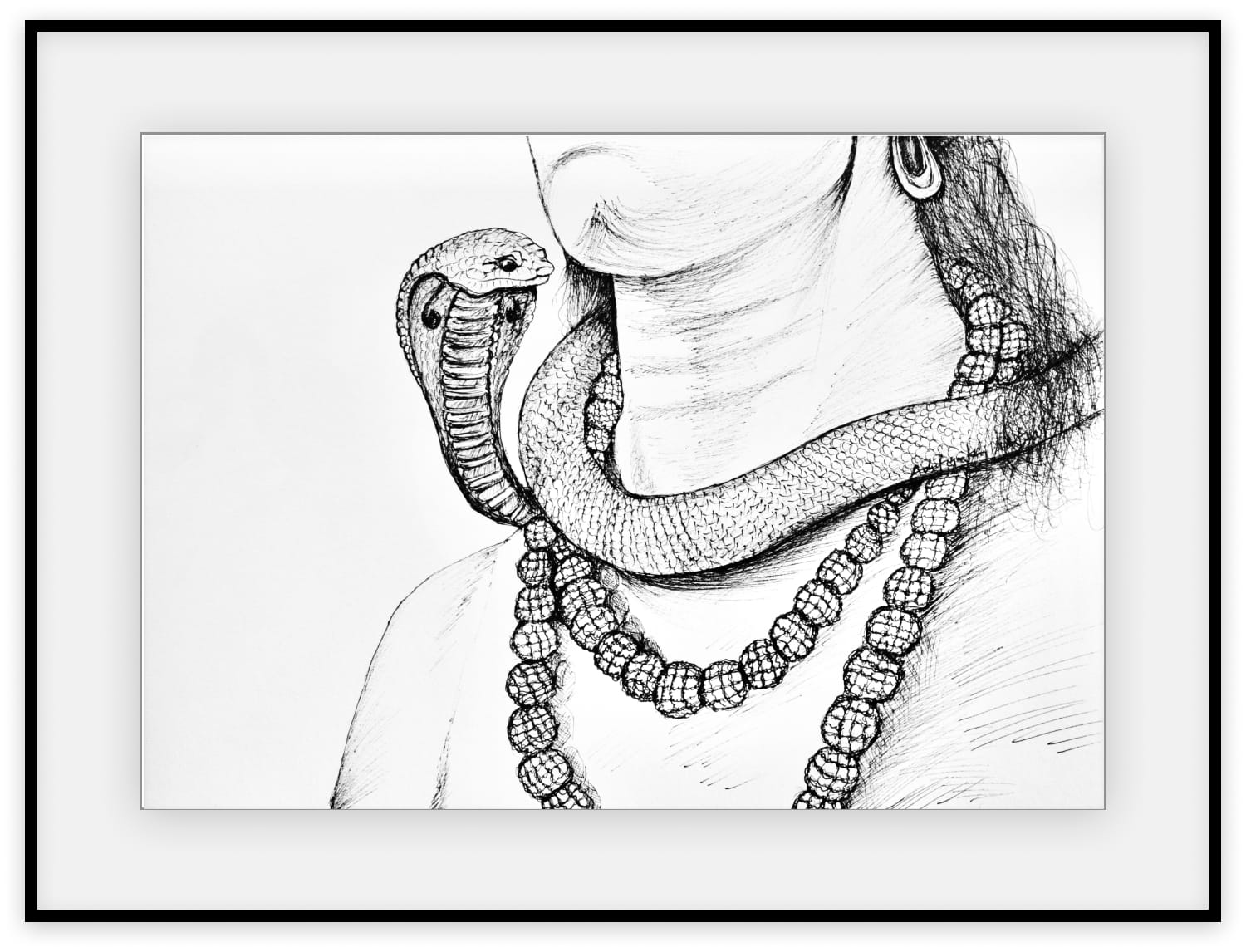 Pen and ink drawing of a cobra coiled around Lord Shiva's throat, with three rudraksha strands below