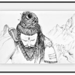 Pen and ink drawing of Lord Shiva in meditation with eyes closed, third eye, coiled jata, serpent and trishul before Himalayan peaks