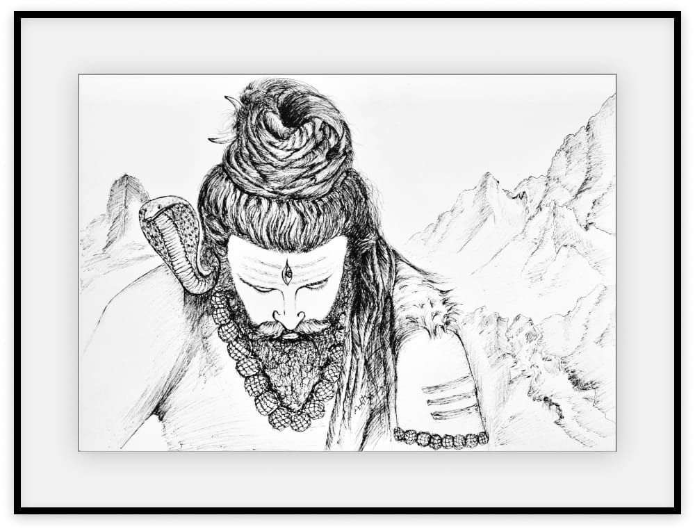 Pen and ink drawing of Lord Shiva in meditation with eyes closed, third eye, coiled jata, serpent and trishul before Himalayan peaks