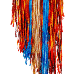 Fibre installation artwork of colourful red, gold and blue dyed strands hanging from a hand-wound branch, titled Rebirth of Peace