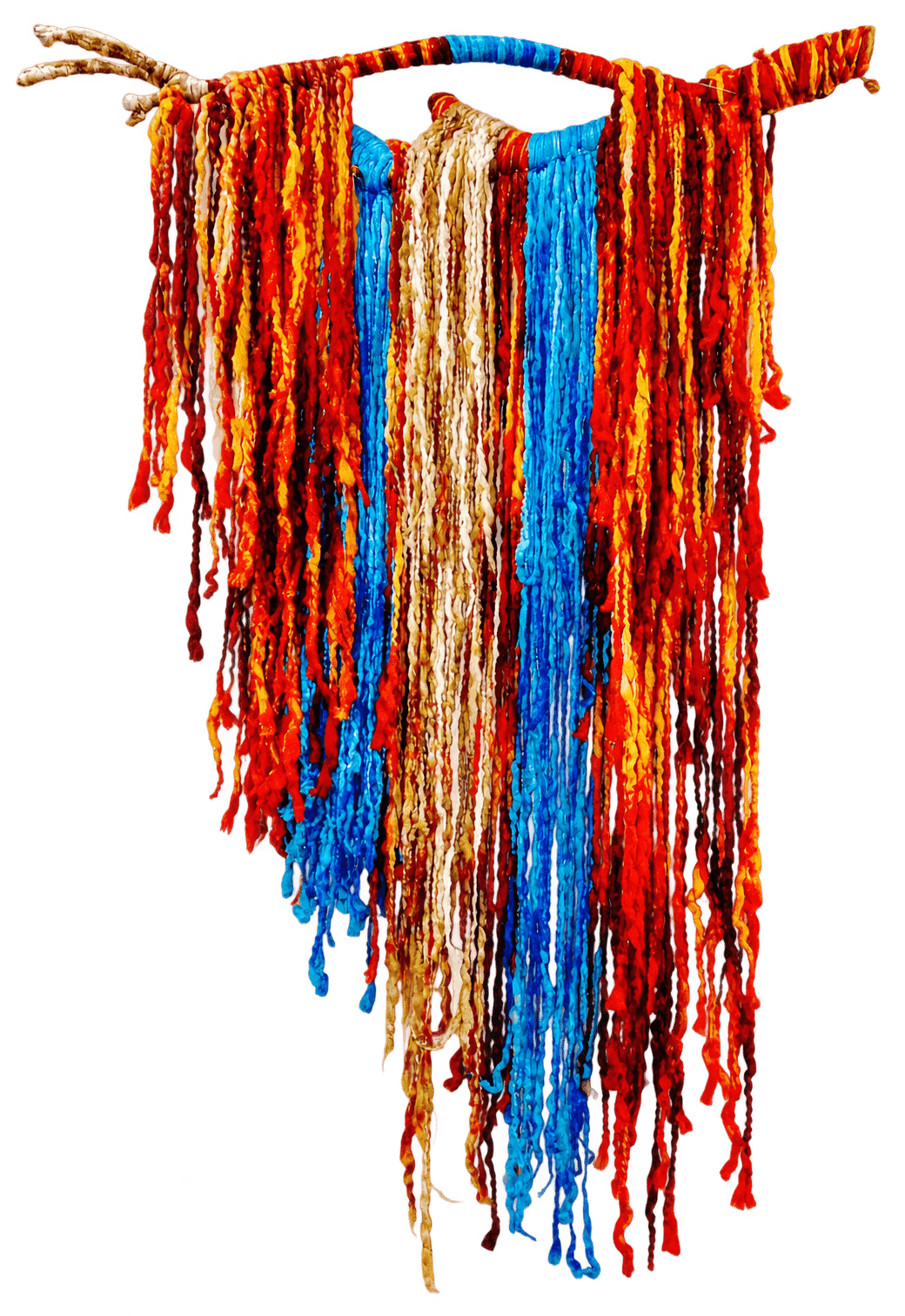 Fibre installation artwork of colourful red, gold and blue dyed strands hanging from a hand-wound branch, titled Rebirth of Peace