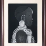 Charcoal portrait drawing of a woman in profile with a large carved disc earring against a black background