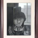Charcoal portrait drawing of a young woman with a heavy fringe, beaded collars and cowrie shell strands