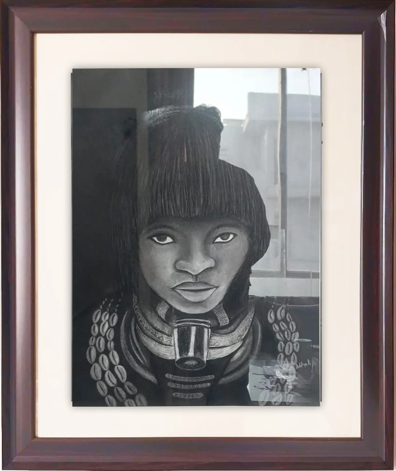 Charcoal portrait drawing of a young woman with a heavy fringe, beaded collars and cowrie shell strands