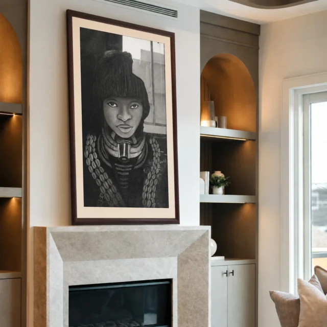 Charcoal portrait drawing of a young woman with a heavy fringe, beaded collars and cowrie shell strands