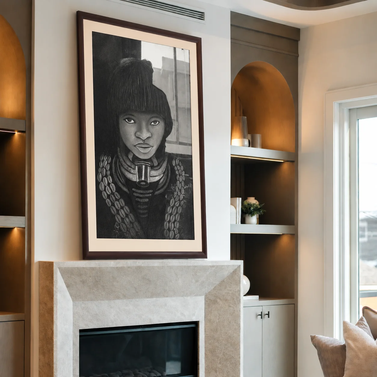 Charcoal portrait drawing of a young woman with a heavy fringe, beaded collars and cowrie shell strands