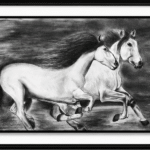 Panoramic charcoal drawing of two pale horses galloping side by side against a dark background