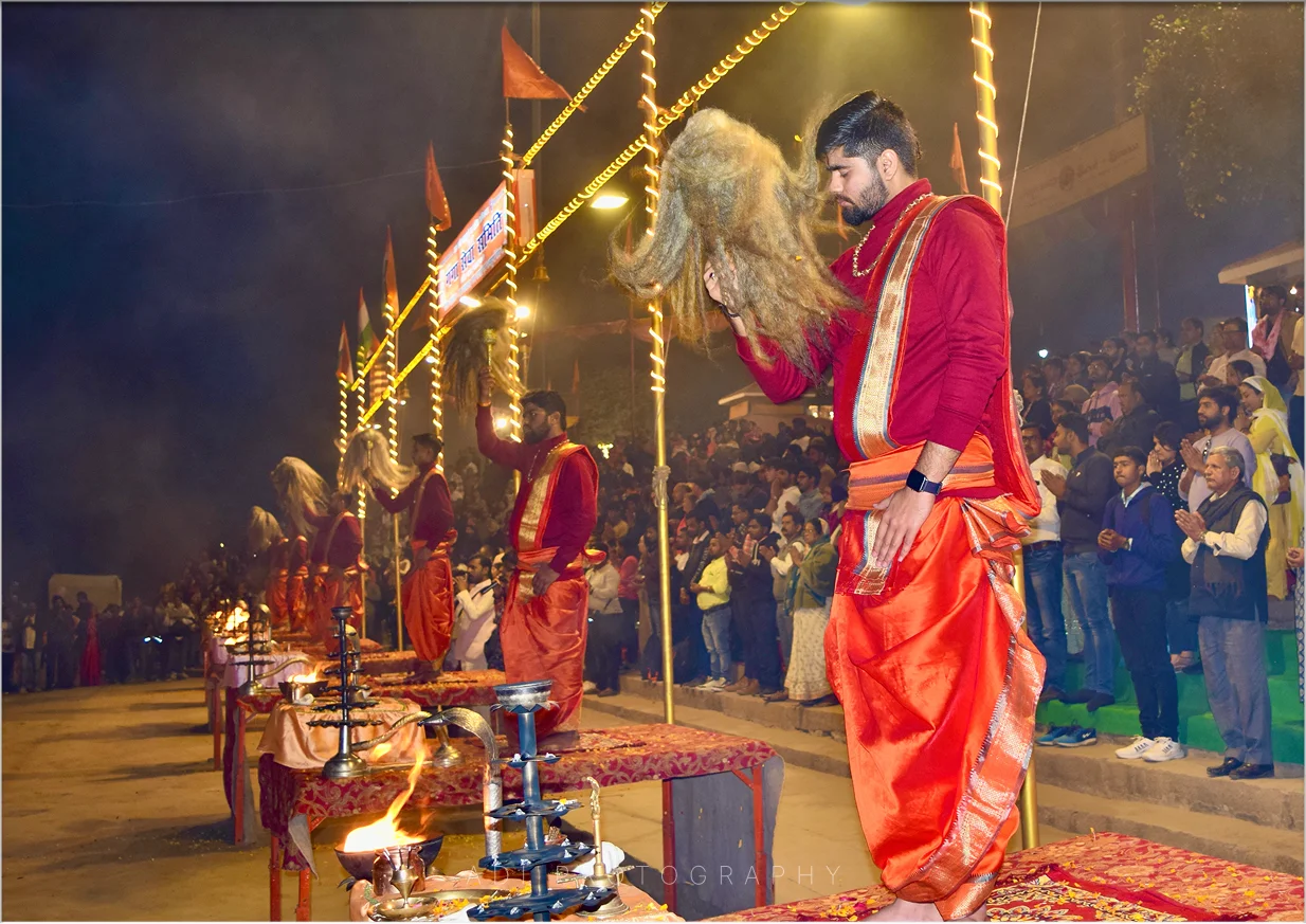 The Line of Lamps — signed limited-edition print of the Ganga Aarti at Varanasi. Archival paper, framed and ready to hang. House of Art, Mohali.