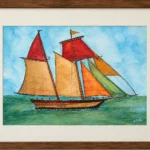 Watercolour painting of a schooner with red, gold, orange and green sails crossing a green sea under a blue sky