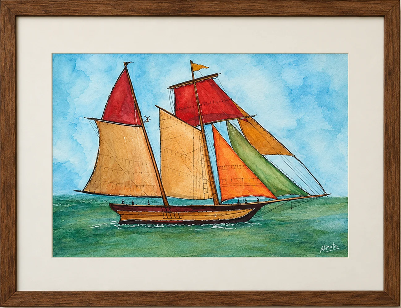 Watercolour painting of a schooner with red, gold, orange and green sails crossing a green sea under a blue sky