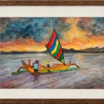 Oil painting of an outrigger sailboat with a striped rainbow sail against an orange sunset sky, palette knife technique