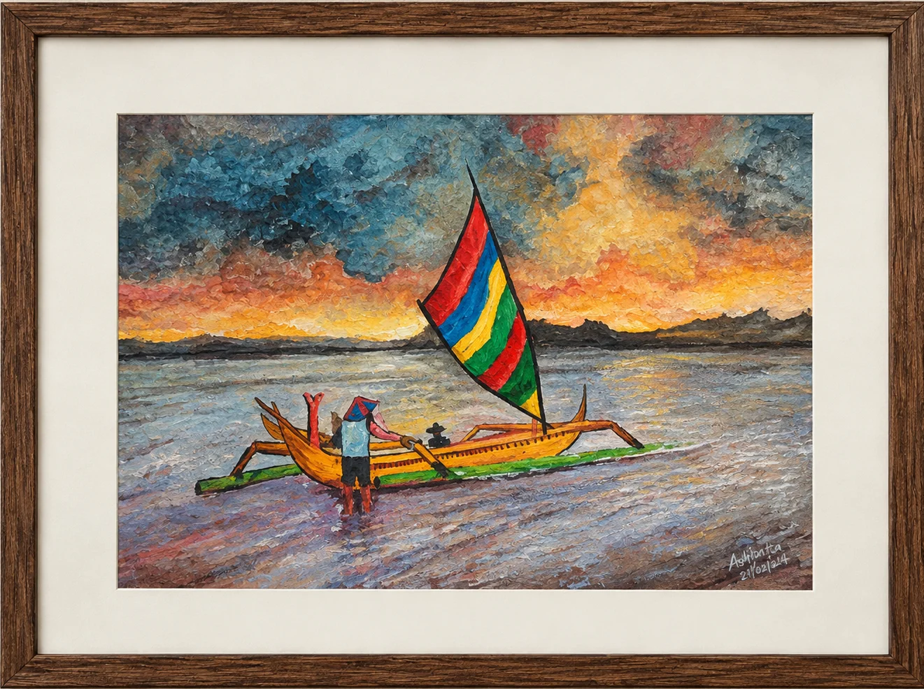 Oil painting of an outrigger sailboat with a striped rainbow sail against an orange sunset sky, palette knife technique